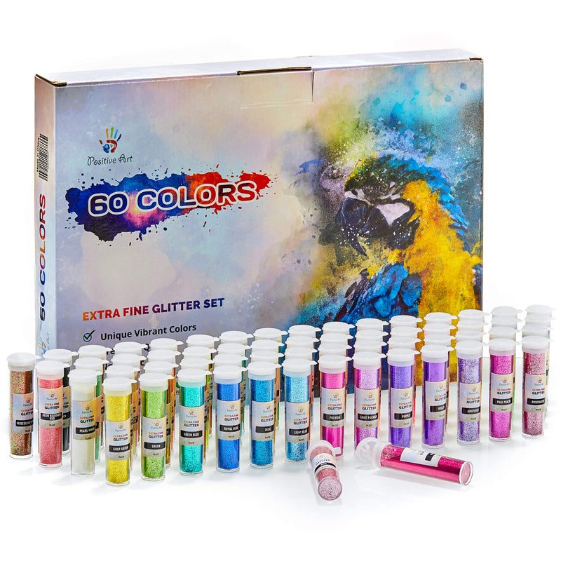 Positive Art Extra Fine Glitter Set of 60 Vibrant Colors | Color Powder in Leak-Proof Shaker Jars (0.32oz/9g) | Arts & Crafts Glitter Kit Glows Under UV Light | Use for Projects  Slime  Nails  Body  Face & More - Image 1